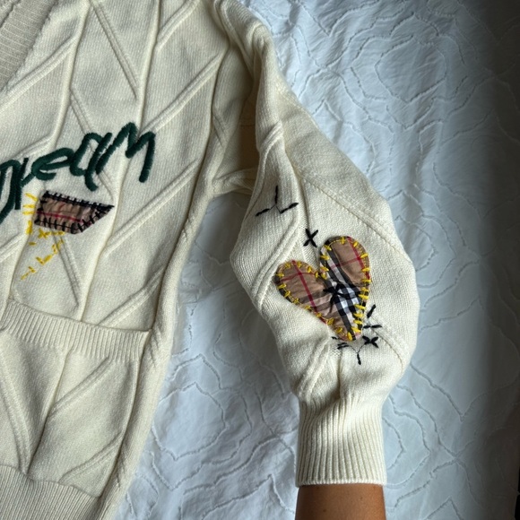 Anrabess Cream Cardigan with Embroidered Accents Lettering Patchwork Thick - Picture 7 of 12